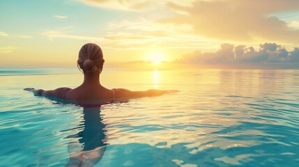Summer Vacation. Woman in enjoying Suntan at Beach. Fashion Model in swimming Suit sunbathing over Blue Sky and Tropic Sea Background