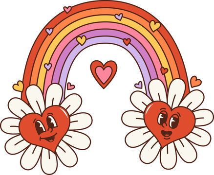 Cartoon retro groovy hippie love rainbow and daisy flowers. Vector y2k colorful rainbow arching between two cheerful bloom characters with white petals. Isolated personages exude joy and fantasy vibes