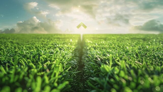 Green grass field with a large, symbolic arrow pointing upwards and forwards, representing sustainable development, eco-friendly growth, and motivational progress in environmental practices.
