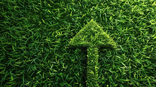 Green grass field with a large, symbolic arrow pointing upwards and forwards, representing sustainable development, eco-friendly growth, and motivational progress in environmental practices.
