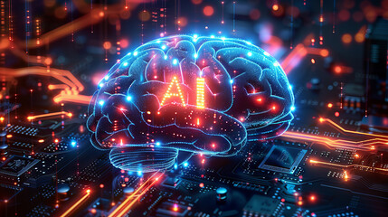 Brain with the text "AI" with the background of a motherboard circuits in glowing neon colors.