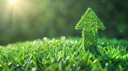Green grass field with a large, symbolic arrow pointing upwards and forwards, representing sustainable development, eco-friendly growth, and motivational progress in environmental practices.
