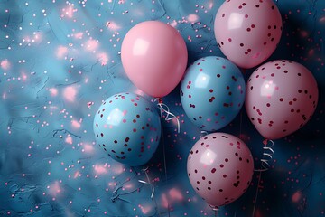  Pink and blue balloons and confetti background with copy space for festive gender reveal party or baby shower backdrop 