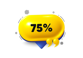 Offer speech bubble 3d icon. 75 percent off sale tag. Discount offer price sign. Special offer symbol. Discount chat offer. Speech bubble quotation banner. Text box balloon. Vector