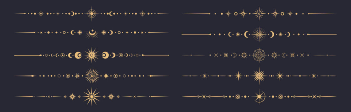 Fantasy celestial divider borders and frame lines with gold stars, moon and sun, arrows and sparks vintage boho pattern. Mystic esoteric tarot cards, astrology horoscope or zodiac divider borders