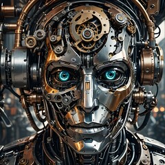 Humanized Cyborg Face ,Cyberpunk Cyborg Illustration,Humanized Mechanical Robot,Steampunk Robot Face