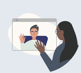 couple Virtual meeting of people using laptop  zoom getting together, freelance work, e-learning, online communication and telecommuting concept vector illustration