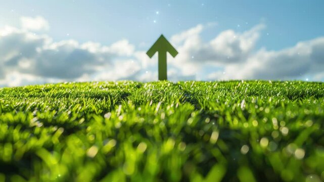 Green grass field with a large, symbolic arrow pointing upwards and forwards, representing sustainable development, eco-friendly growth, and motivational progress in environmental practices.
