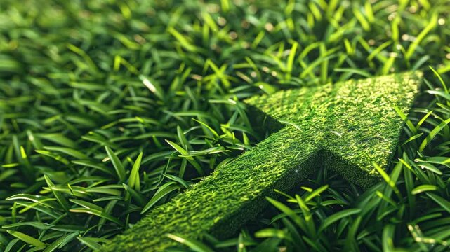 Green grass field with a large, symbolic arrow pointing upwards and forwards, representing sustainable development, eco-friendly growth, and motivational progress in environmental practices.
