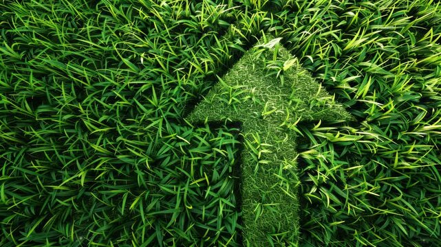 Green grass field with a large, symbolic arrow pointing upwards and forwards, representing sustainable development, eco-friendly growth, and motivational progress in environmental practices.
