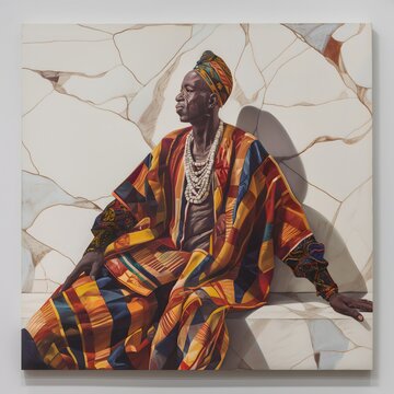99. "A Senegalese Serer in traditional boubou robe and a colorful hat, shown in 3D on a white canvas."