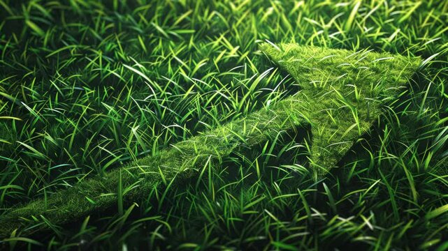 Green grass field with a large, symbolic arrow pointing upwards and forwards, representing sustainable development, eco-friendly growth, and motivational progress in environmental practices.
