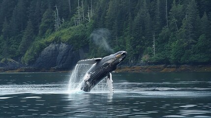 Obraz premium A magnificent humpback whale in an upright position with splashes jumped to the surface close-up