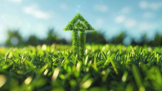 Green grass field with a large, symbolic arrow pointing upwards and forwards, representing sustainable development, eco-friendly growth, and motivational progress in environmental practices.

