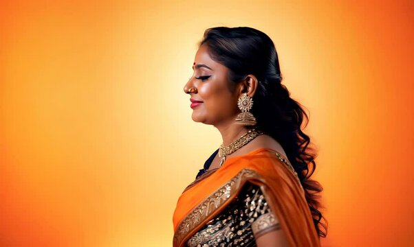 Portrait of a beautiful Indian woman wearing saree against orange background