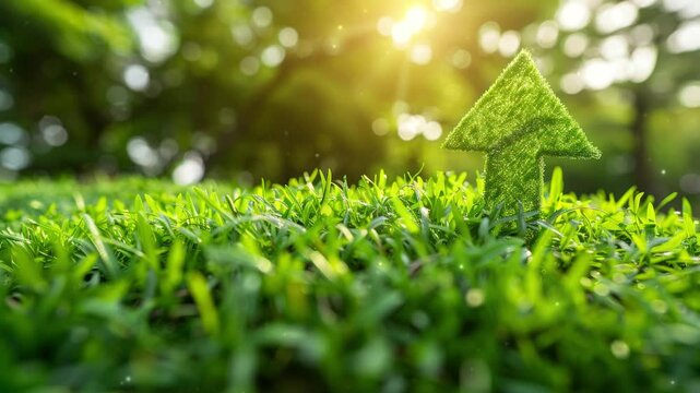 Green grass field with a large, symbolic arrow pointing upwards and forwards, representing sustainable development, eco-friendly growth, and motivational progress in environmental practices.
