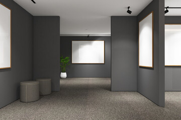 3d render of minimal interior design exhibition room with frames mockup. Gray carpet floor, dark gray wall and white ceiling. Set 14