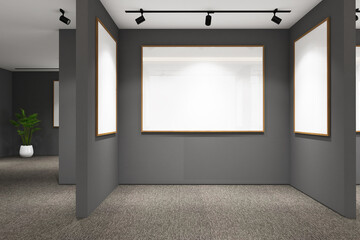 3d render of minimal interior design exhibition room with frames mockup. Gray carpet floor, dark gray wall and white ceiling. Set 15