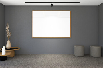 3d render of minimal interior design exhibition room with frames mockup. Gray carpet floor, dark gray wall and white ceiling. Set 16