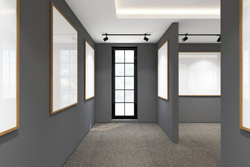 3d render of minimal interior design exhibition room with frames mockup. Gray carpet floor, dark gray wall and white ceiling. Set 18