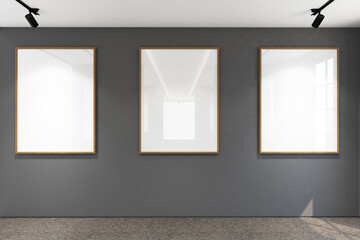 3d render of minimal interior design exhibition room with frames mockup. Gray carpet floor, dark gray wall and white ceiling. Set 19