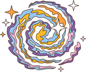 Retro groovy space in cartoon funky comic art, vector galaxy icon. Groovy cartoon space with galactic nebula with psychedelic swirl of cosmic clouds in alien extraterrestrial cosmos or black hole