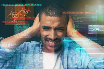 Hologram, danger or man with overlay, crisis or scam for fraud, hacking disaster or cyber attack. Mistake, stress or victim in fear of online data theft, stealing information or credit password