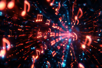 Vibrant abstract background with glowing, floating music notes. Perfect for themes of music, parties, and energetic celebrations.