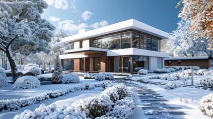 Modern villa house in a private setting, its garden and entrance overwhelmed by snow, showcasing the interaction of modern architecture with harsh winter elements