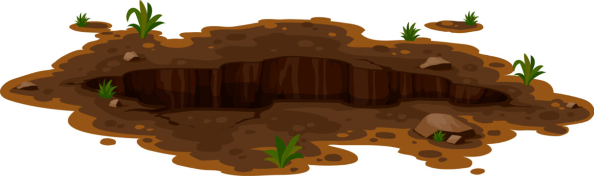 Dirty pit and burrow, deep ground hole. Isolated cartoon vector natural gap in garden or forest, surrounded by patches of dirt and small plants. Muddy break, split or dig with uneven edges and stones