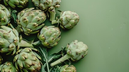 Obraz premium Close up of fresh artichokes on a green backdrop