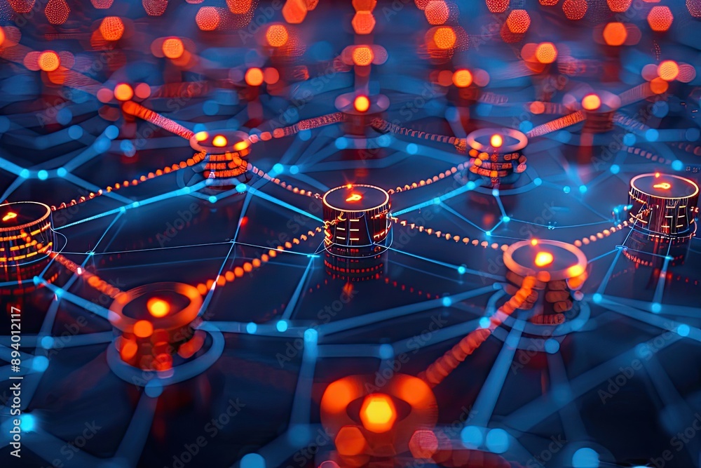 Poster abstract network of glowing servers. shows interconnectedness of data and technology.