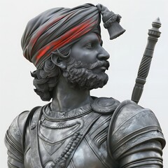 62. "An Indian Maratha warrior in traditional armor and a turban, depicted in 3D on a white backdrop."