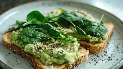 Healthy Avocado Toast with Spinach and Seeds on Grain Bread for Breakfast.