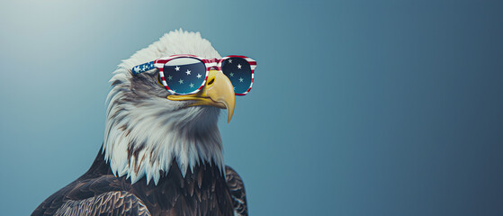 Eagle wearing patriotic sunglasses with American Stars and Stripes. Fourth of July Celebration