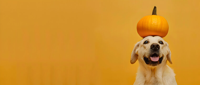 A dog with a pumpkin on its head, minimalistic style, Halloween theme, simple background.