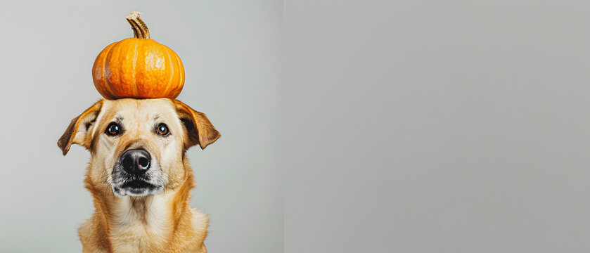 A dog with a pumpkin on its head, minimalistic style, Halloween theme, simple background.