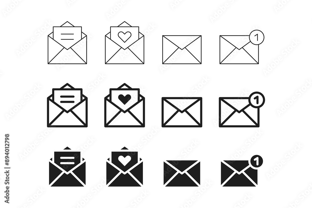 Leinwandbilder Envelope mail icon set. Closed, open email message icon in flat style. New message notification icons, Love letter icon symbol. EDITABLE STROKE