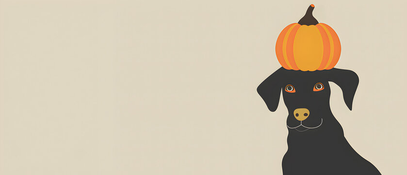 A dog with a pumpkin on its head, minimalistic style, Halloween theme, simple background.
