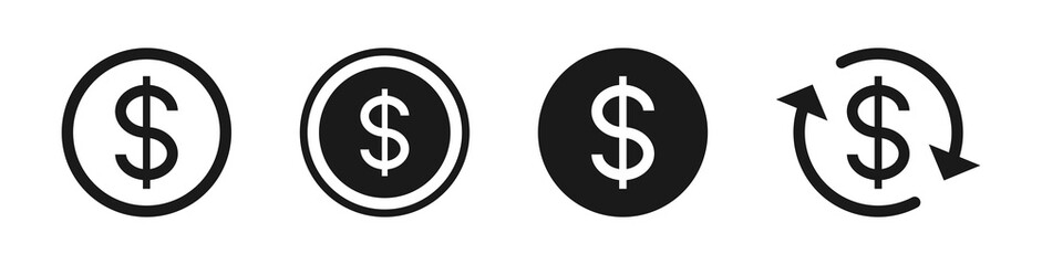 Dollar icon symbol currency black sign, money transfer icon, Coin flat icon logo. refund money vector icons