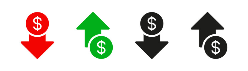 Money increase icon with arrow up symbol, dollar decrease icon . profit and lose money vector icons - Cost rising icon