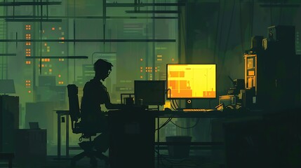 A silhouette of a person working on a computer in a dark room with a window overlooking a city at night.