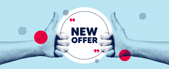 Hands showing thumb up like sign. New offer tag. Special price sign. Advertising Discounts symbol. New offer round frame message. Grain dots hand. Like thumb up sign. Vector