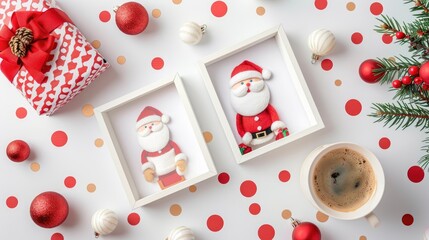 Fototapeta na wymiar Christmas card with 2 photo frames Santa toy and coffee cup on polka dot background