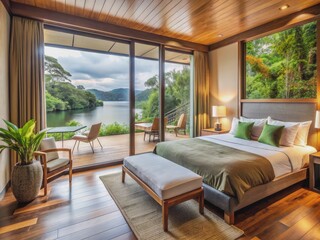 Fototapeta premium Cozy ecolodge hotel room with plush furnishings and sliding glass doors leading to a tranquil lake view, surrounded by lush greenery and natural wood accents.