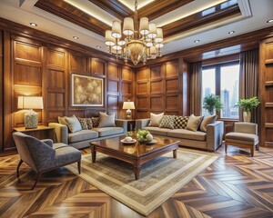 Fototapeta premium Elegant wood accents adorn the walls and floor of a spacious room, showcasing a skilled interior decorator's craftsmanship during a luxurious home renovation project.