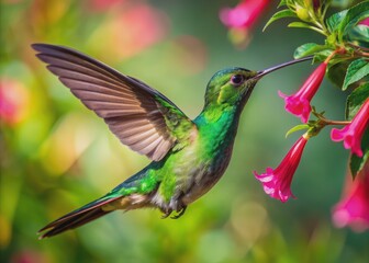 Naklejka premium Vibrant green hummingbird sips nectar from delicate pink trumpet-shaped flower, its iridescent feathers glistening in sunlight as it hovers in mid-air.