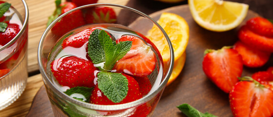 Glass of infused water with strawberries and mint on wooden background