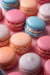 Fototapeta premium Colorful Assortment of French Macarons on a Pink Background - Sweet and Delicious Dessert Treats