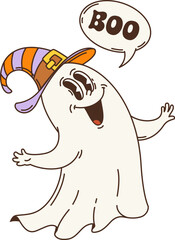 Cartoon groovy Halloween ghost character with boo, vector retro funky comic. Halloween horror night holiday groovy ghost in witch hat with funny smiling face, trick or treat party spooky emoticon